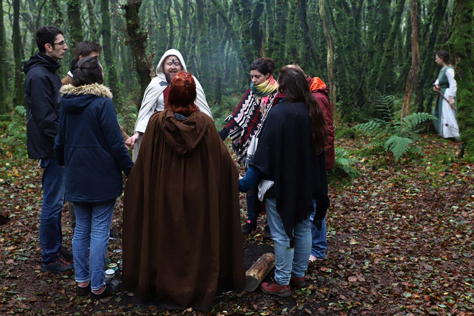 Druidisme : on voit un gorupe de personnes en cercle se tenant par la main, au cours d’une cérémonie druidique de l’Ordre Druidique de Dahut, dans une forêt.